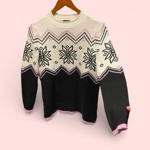 Cute pink black snowflake chevron marino wool blend Talbots sweater winter cozy